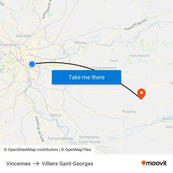 Vincennes to Villiers-Saint-Georges map
