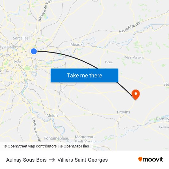 Aulnay-Sous-Bois to Villiers-Saint-Georges map