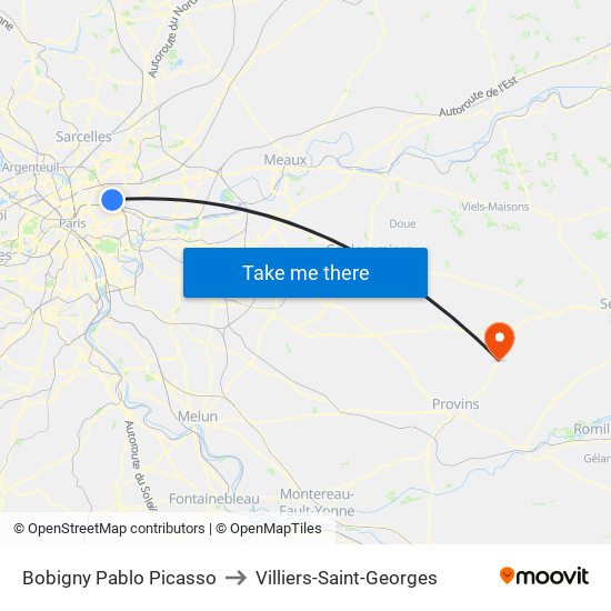 Bobigny Pablo Picasso to Villiers-Saint-Georges map