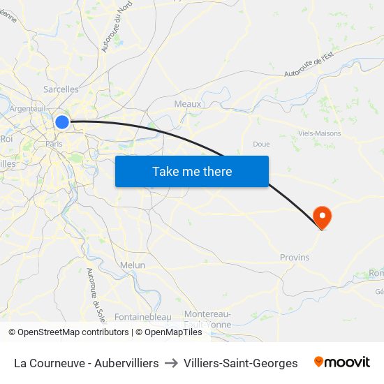 La Courneuve - Aubervilliers to Villiers-Saint-Georges map