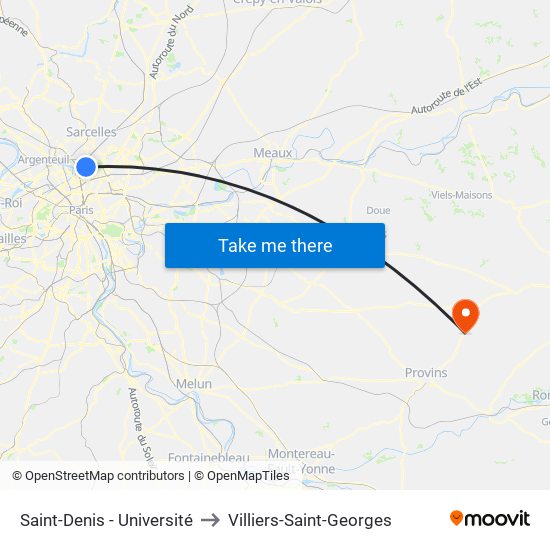 Saint-Denis - Université to Villiers-Saint-Georges map