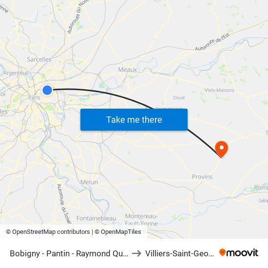 Bobigny - Pantin - Raymond Queneau to Villiers-Saint-Georges map