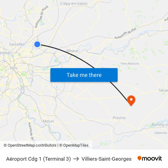 Aéroport Cdg 1 (Terminal 3) to Villiers-Saint-Georges map