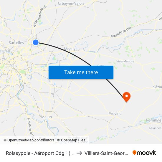 Roissypole - Aéroport Cdg1 (D3) to Villiers-Saint-Georges map