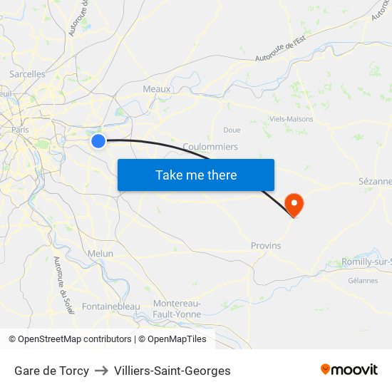 Gare de Torcy to Villiers-Saint-Georges map