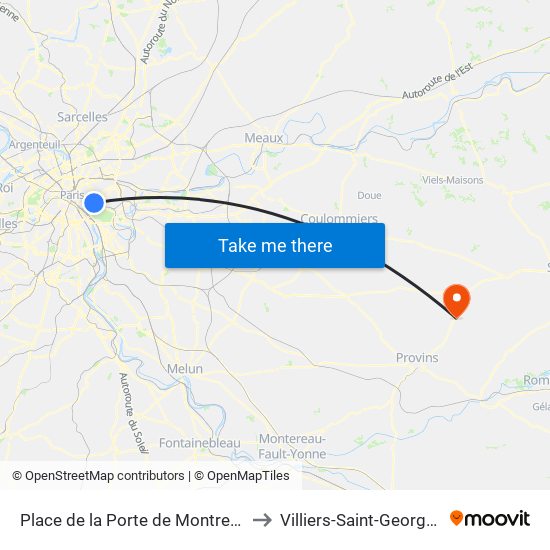 Place de la Porte de Montreuil to Villiers-Saint-Georges map