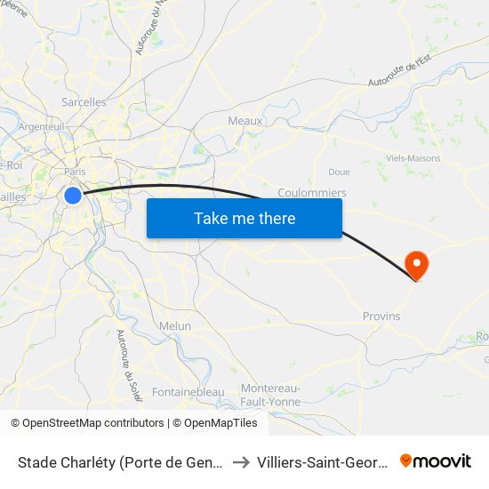 Stade Charléty (Porte de Gentilly) to Villiers-Saint-Georges map