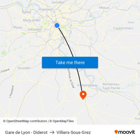 Gare de Lyon - Diderot to Villiers-Sous-Grez map