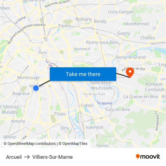 Arcueil to Villiers-Sur-Marne map