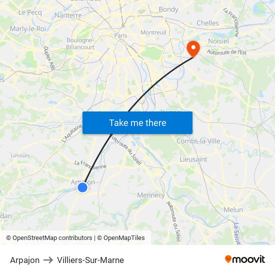 Arpajon to Villiers-Sur-Marne map