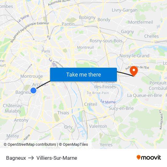 Bagneux to Villiers-Sur-Marne map