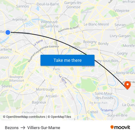 Bezons to Villiers-Sur-Marne map