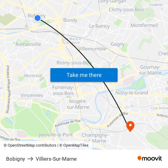 Bobigny to Villiers-Sur-Marne map