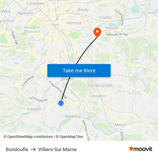 Bondoufle to Villiers-Sur-Marne map
