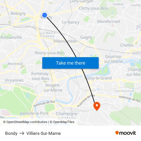 Bondy to Villiers-Sur-Marne map