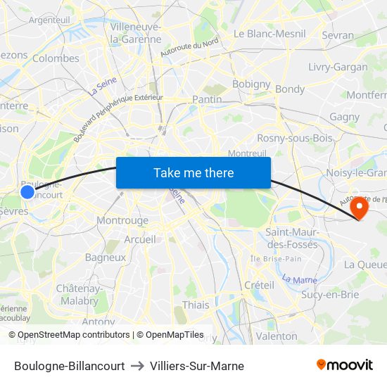 Boulogne-Billancourt to Villiers-Sur-Marne map
