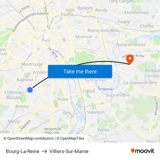 Bourg-La-Reine to Villiers-Sur-Marne map