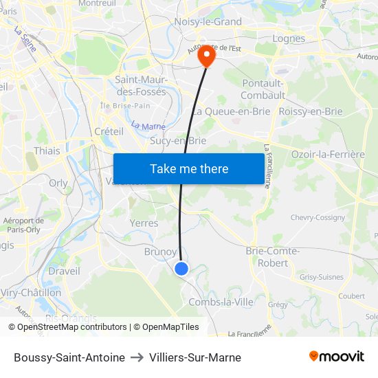 Boussy-Saint-Antoine to Villiers-Sur-Marne map