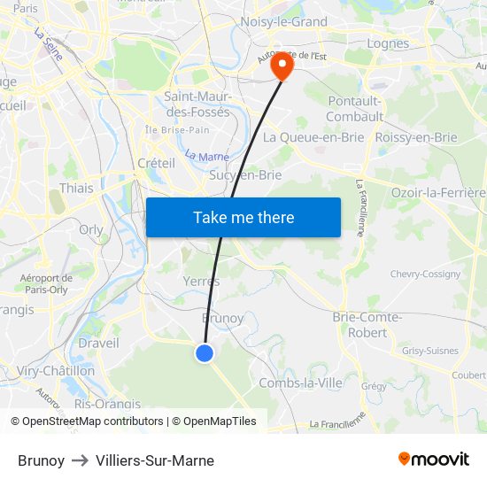 Brunoy to Villiers-Sur-Marne map