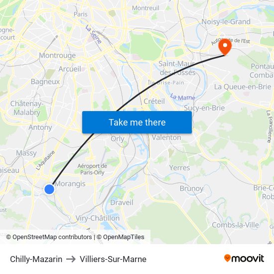 Chilly-Mazarin to Villiers-Sur-Marne map