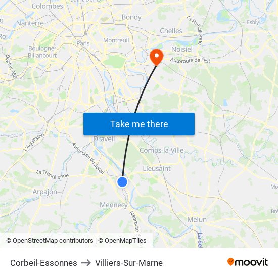 Corbeil-Essonnes to Villiers-Sur-Marne map