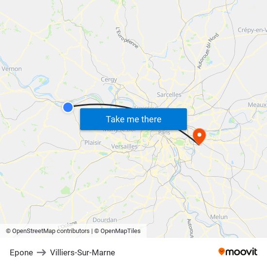 Epone to Villiers-Sur-Marne map