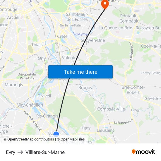 Evry to Villiers-Sur-Marne map