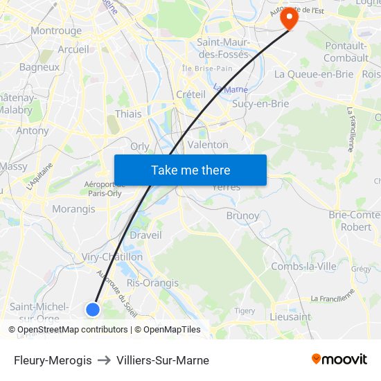 Fleury-Merogis to Villiers-Sur-Marne map