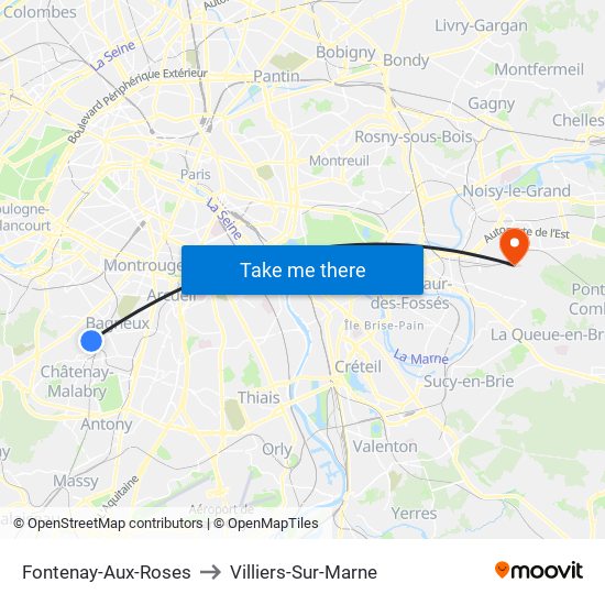 Fontenay-Aux-Roses to Villiers-Sur-Marne map