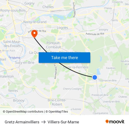 Gretz-Armainvilliers to Villiers-Sur-Marne map