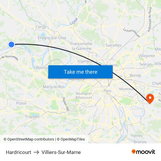Hardricourt to Villiers-Sur-Marne map