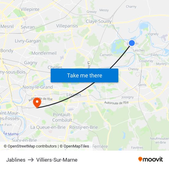 Jablines to Villiers-Sur-Marne map