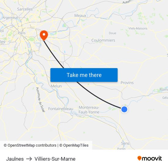Jaulnes to Villiers-Sur-Marne map