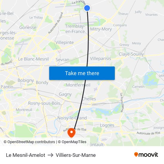 Le Mesnil-Amelot to Villiers-Sur-Marne map