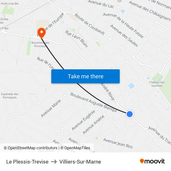 Le Plessis-Trevise to Villiers-Sur-Marne map