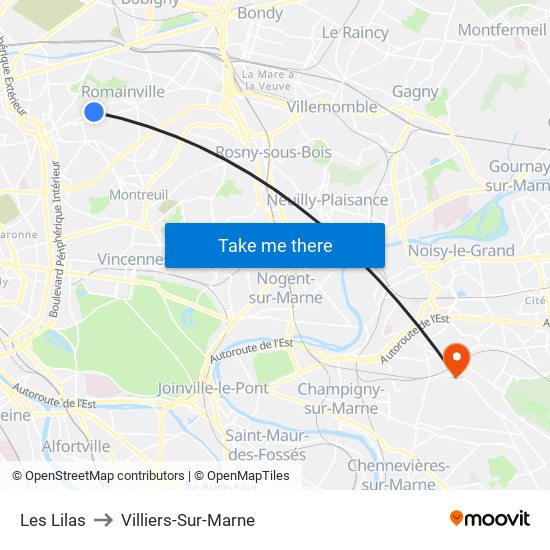 Les Lilas to Villiers-Sur-Marne map