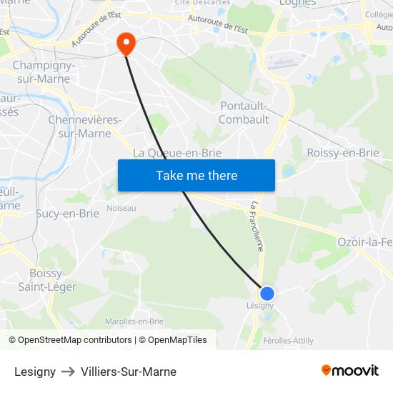 Lesigny to Villiers-Sur-Marne map