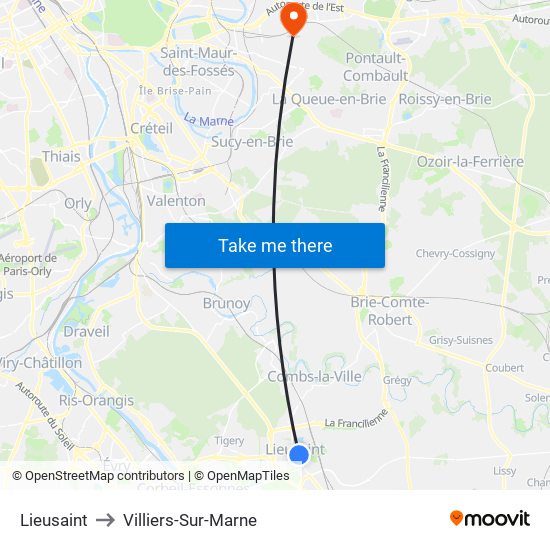 Lieusaint to Villiers-Sur-Marne map