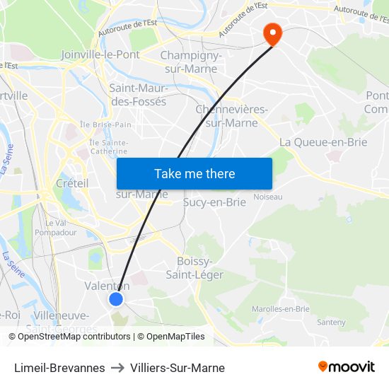 Limeil-Brevannes to Villiers-Sur-Marne map