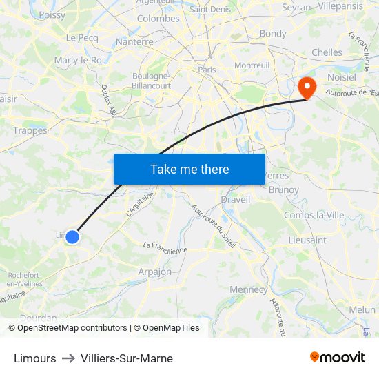 Limours to Villiers-Sur-Marne map