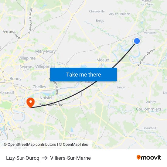 Lizy-Sur-Ourcq to Villiers-Sur-Marne map