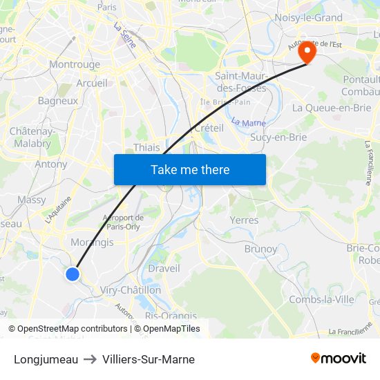 Longjumeau to Villiers-Sur-Marne map