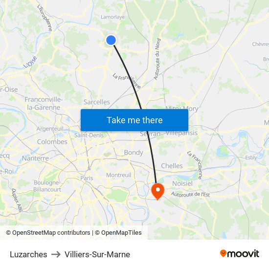 Luzarches to Villiers-Sur-Marne map