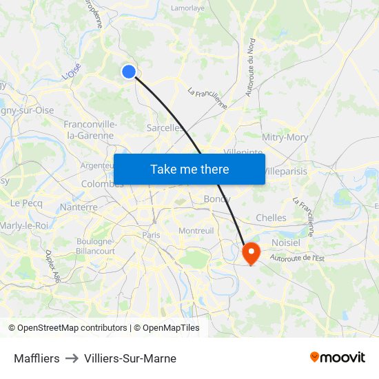 Maffliers to Villiers-Sur-Marne map