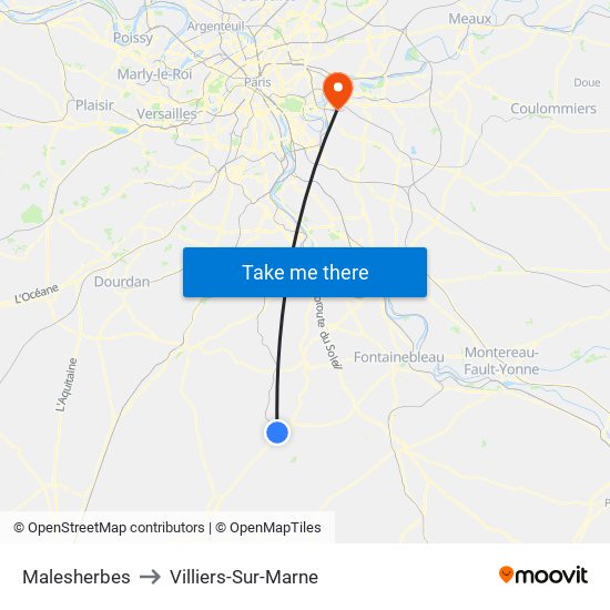 Malesherbes to Villiers-Sur-Marne map