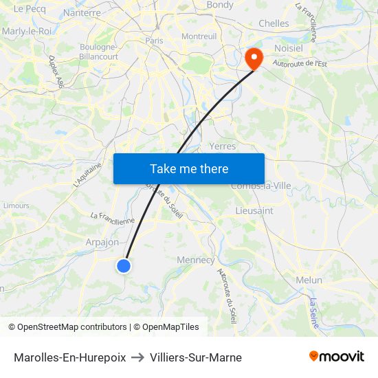 Marolles-En-Hurepoix to Villiers-Sur-Marne map