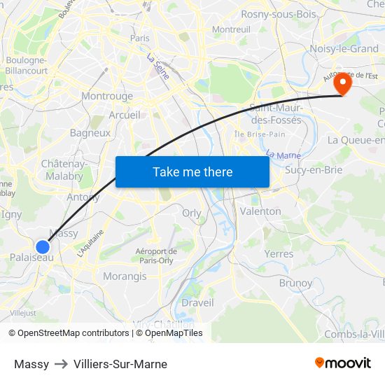 Massy to Villiers-Sur-Marne map