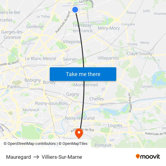 Mauregard to Villiers-Sur-Marne map