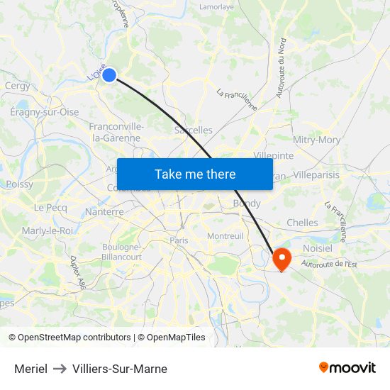 Meriel to Villiers-Sur-Marne map