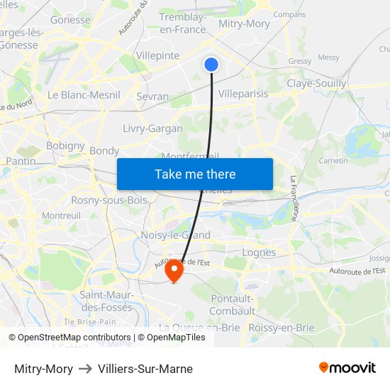 Mitry-Mory to Villiers-Sur-Marne map